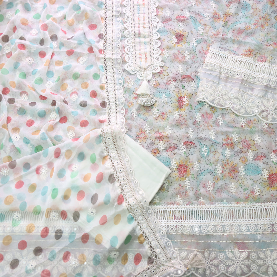 Lahori Ivory Pearl Floral Printed Embroidered Lace Patch Chiffon Suit Set