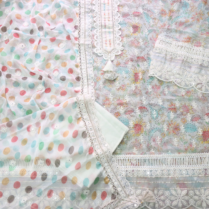 Lahori Ivory Pearl Floral Printed Embroidered Lace Patch Chiffon Suit Set