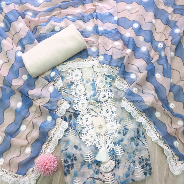 Lahori Beige And Blue Floral Printed Embroidered Lace Patch Chiffon Suit Set