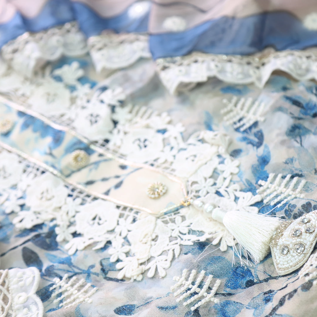 Lahori Beige And Blue Floral Printed Embroidered Lace Patch Chiffon Suit Set
