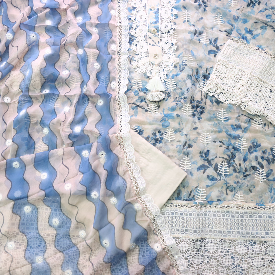 Lahori Beige And Blue Floral Printed Embroidered Lace Patch Chiffon Suit Set