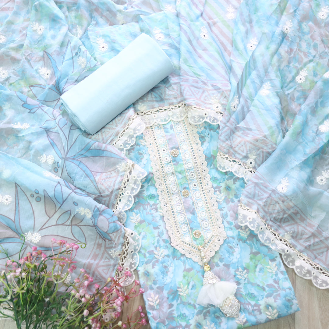 Lahori Sky Blue Embriodered lace Neck Floral Printed Cotton Suit Set