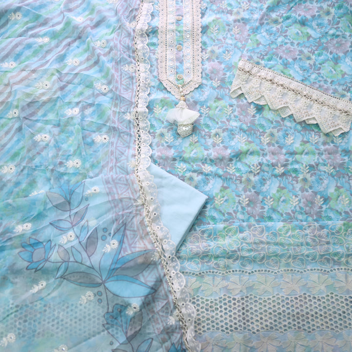Lahori Sky Blue Embriodered lace Neck Floral Printed Cotton Suit Set