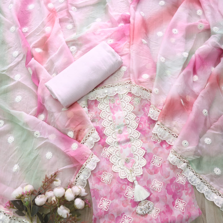 Lahori Rose Pink Floral Printed Embroidered Lace Patch Chiffon Suit Set