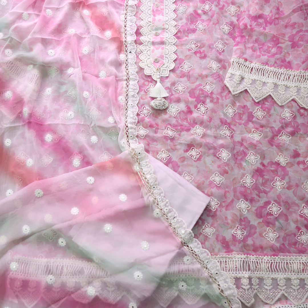 Lahori Rose Pink Floral Printed Embroidered Lace Patch Chiffon Suit Set