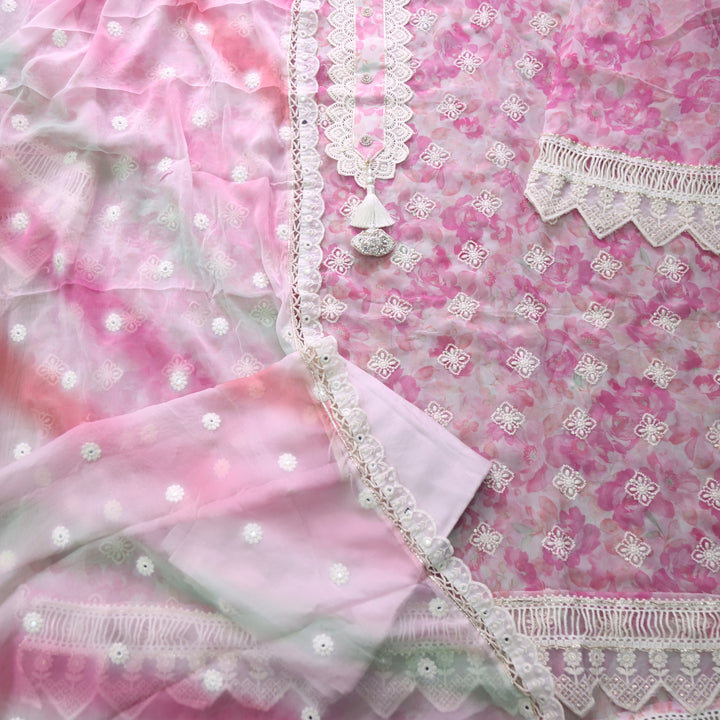 Lahori Rose Pink Floral Printed Embroidered Lace Patch Chiffon Suit Set