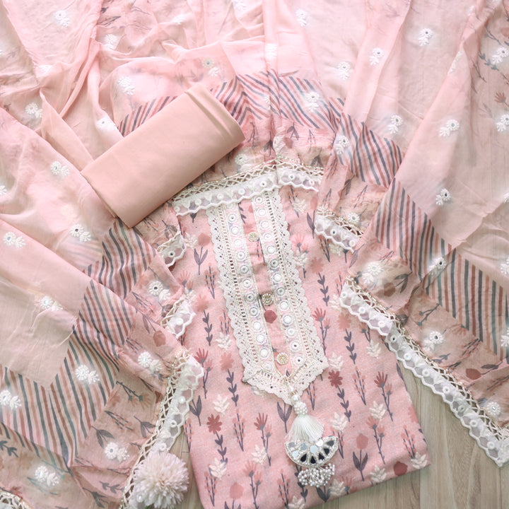 Lahori Salmon Peach Embriodered lace Neck Floral Printed Cotton Suit Set