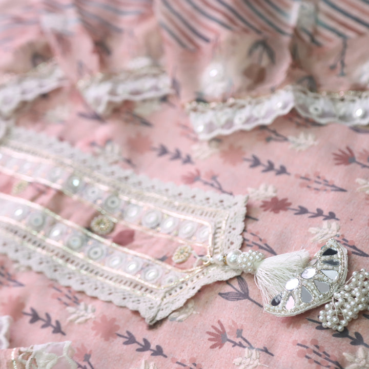 Lahori Salmon Peach Embriodered lace Neck Floral Printed Cotton Suit Set