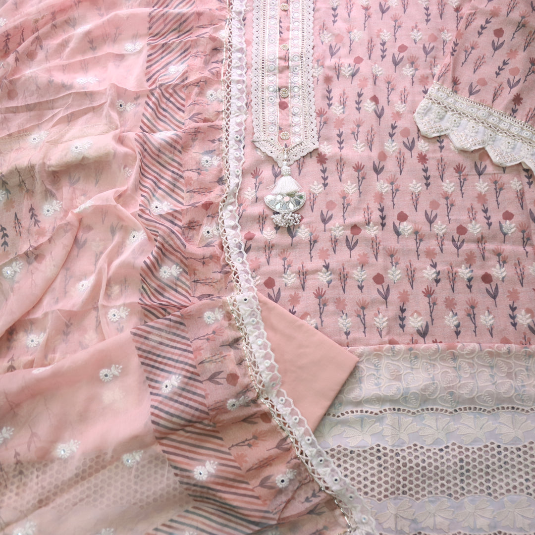 Lahori Salmon Peach Embriodered lace Neck Floral Printed Cotton Suit Set