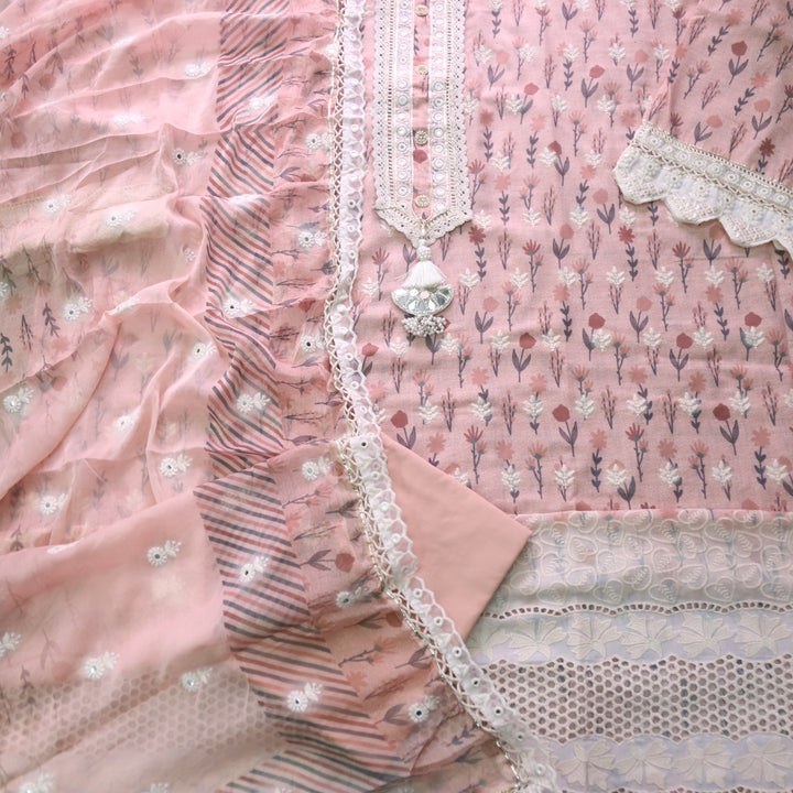 Lahori Salmon Peach Embriodered lace Neck Floral Printed Cotton Suit Set