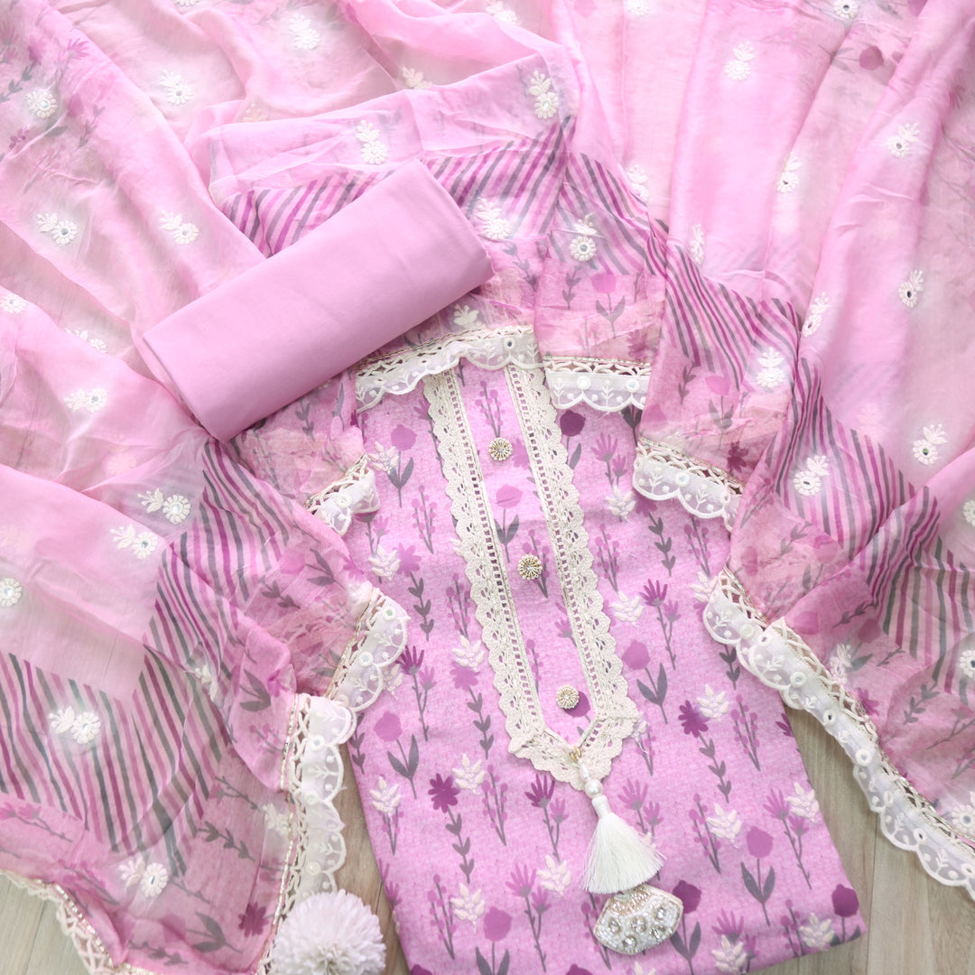 Lahori Purplish Pink Embriodered lace Neck Floral Printed Cotton Suit Set