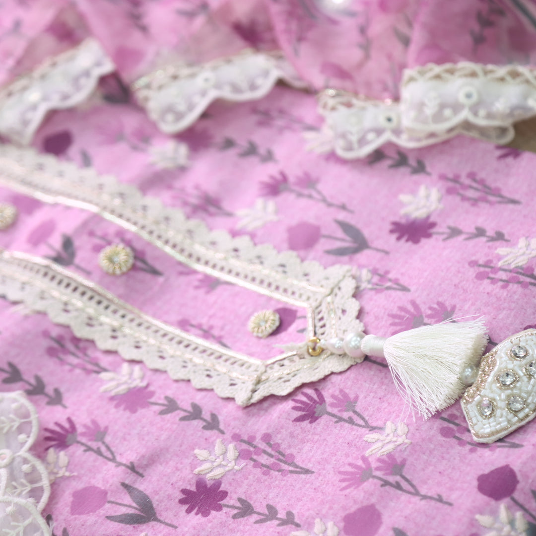 Lahori Purplish Pink Embriodered lace Neck Floral Printed Cotton Suit Set