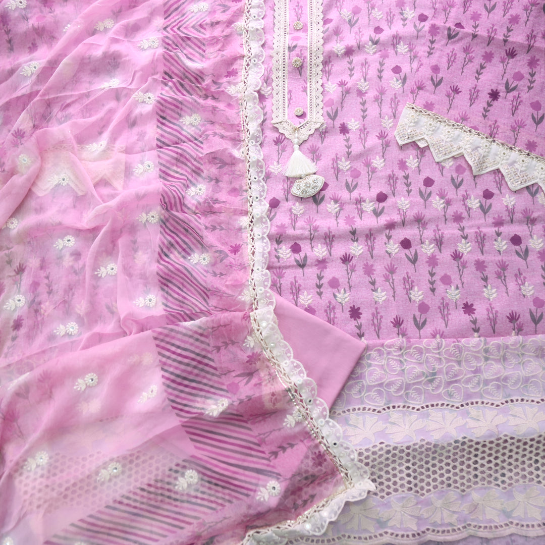 Lahori Purplish Pink Embriodered lace Neck Floral Printed Cotton Suit Set
