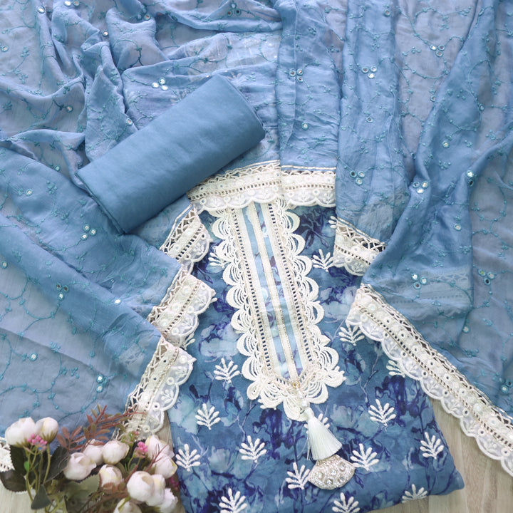 Lahori Bluish Grey Floral Printed Embroidered Lace Patch Chiffon Suit Set