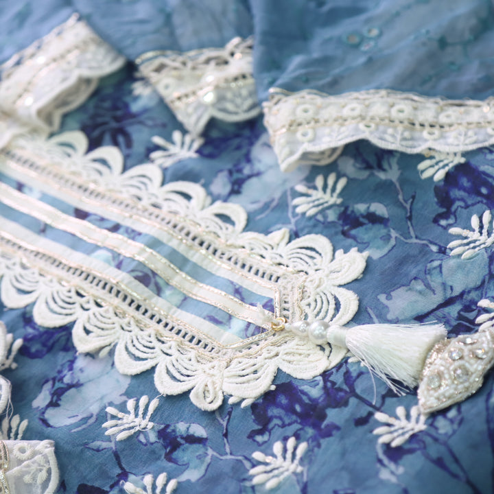 Lahori Bluish Grey Floral Printed Embroidered Lace Patch Chiffon Suit Set