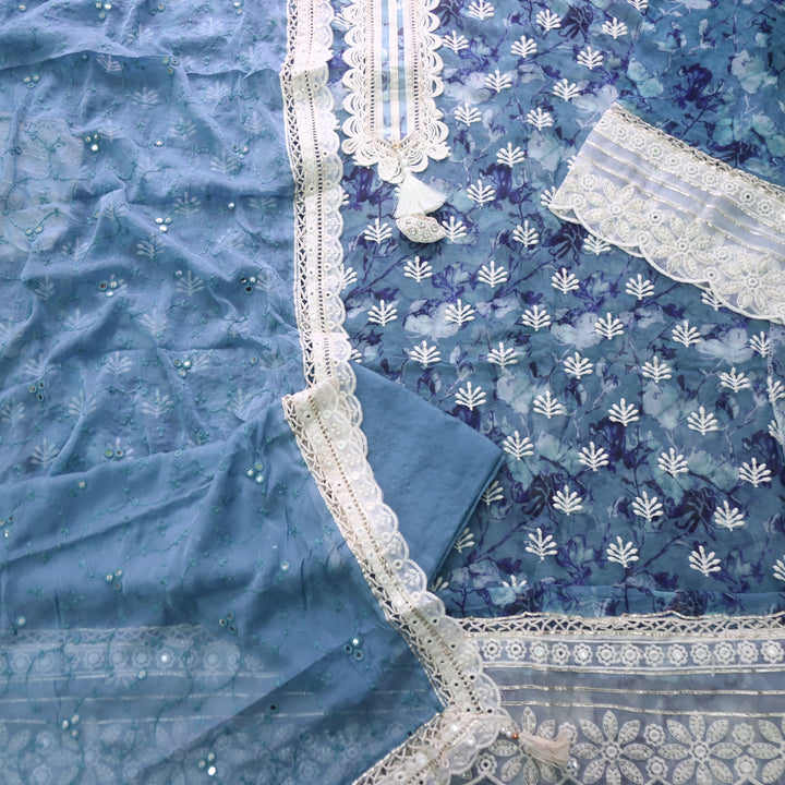 Lahori Bluish Grey Floral Printed Embroidered Lace Patch Chiffon Suit Set