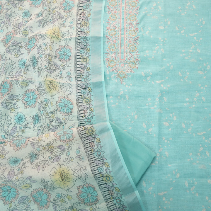 Noorani Aqua Blue Thread Embroidered Neck Work Printed Cotton linen suit Set
