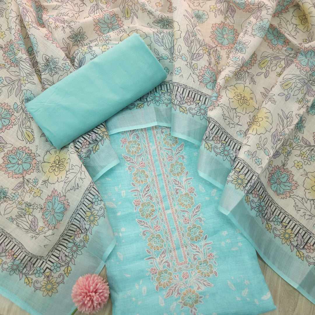 Noorani Aqua Blue Thread Embroidered Neck Work Printed Cotton linen suit Set
