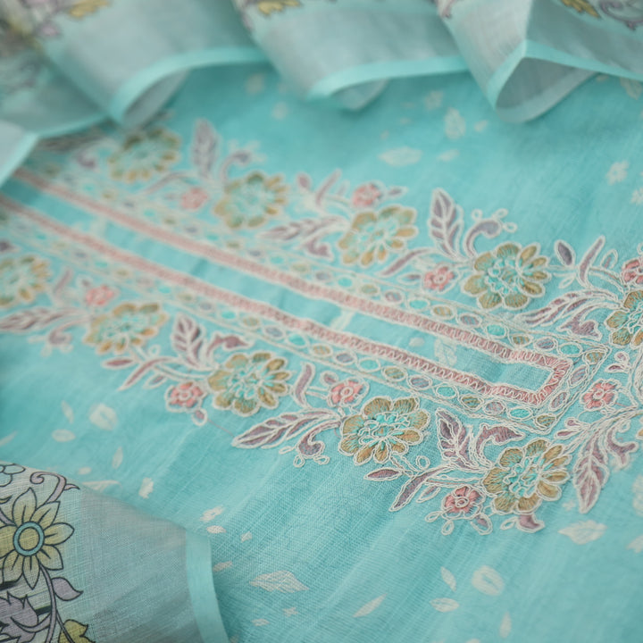 Noorani Aqua Blue Thread Embroidered Neck Work Printed Cotton linen suit Set