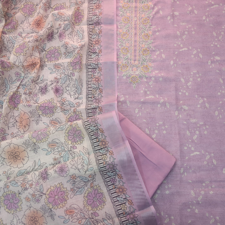 Noorani Lilac Thread Embroidered Neck Work Printed Cotton linen suit Set