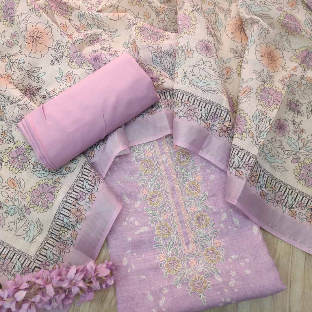 Noorani Lilac Thread Embroidered Neck Work Printed Cotton linen suit Set