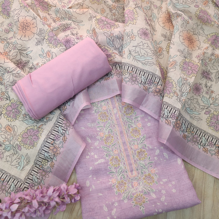 Noorani Lilac Thread Embroidered Neck Work Printed Cotton linen suit Set