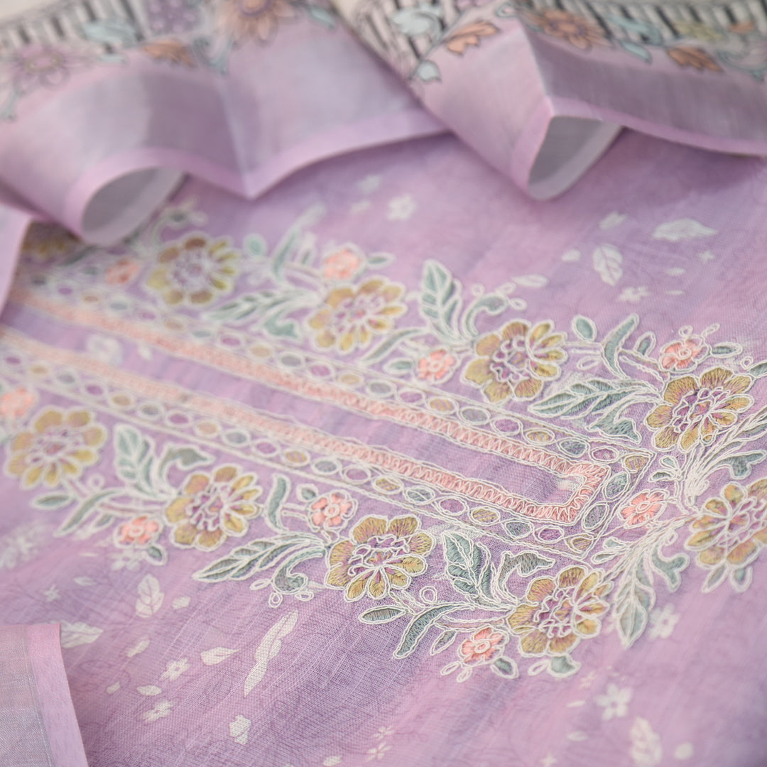Noorani Lilac Thread Embroidered Neck Work Printed Cotton linen suit Set