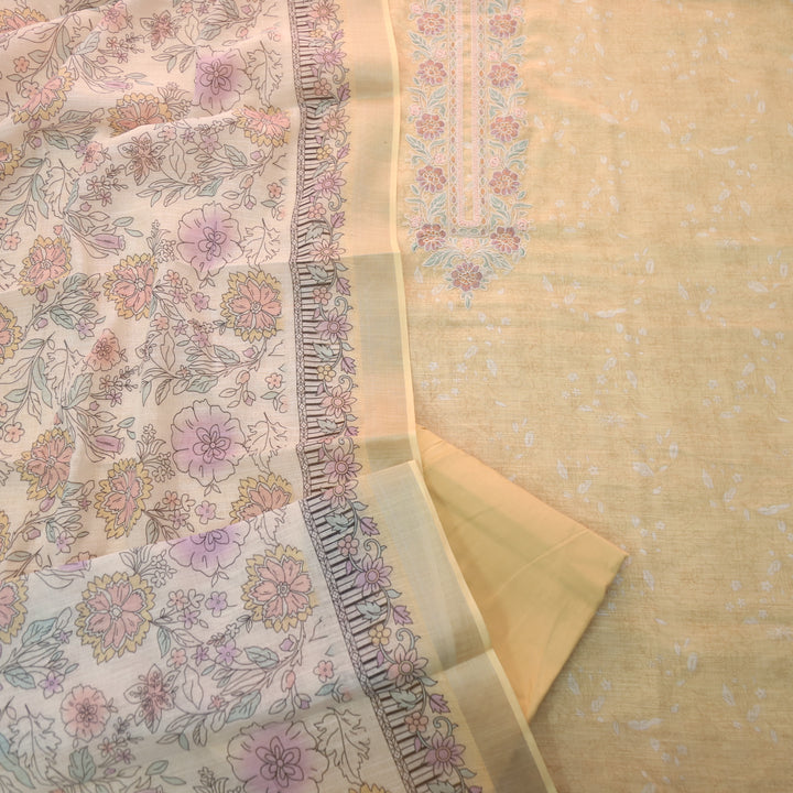 Noorani PIne Yellow Thread Embroidered Neck Work Printed Cotton linen suit Set