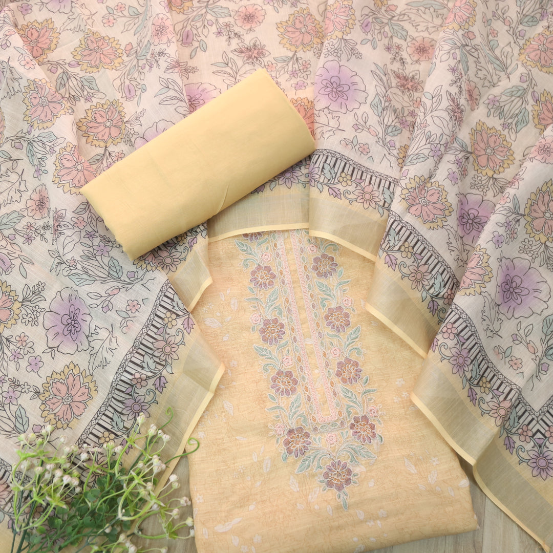 Noorani PIne Yellow Thread Embroidered Neck Work Printed Cotton linen suit Set