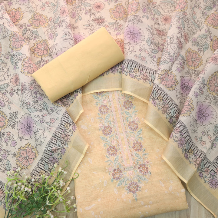 Noorani PIne Yellow Thread Embroidered Neck Work Printed Cotton linen suit Set