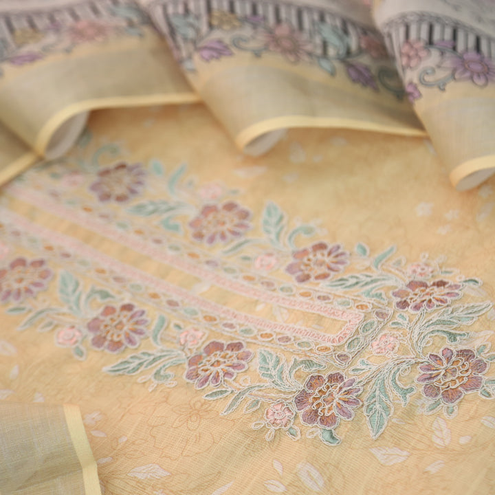 Noorani PIne Yellow Thread Embroidered Neck Work Printed Cotton linen suit Set