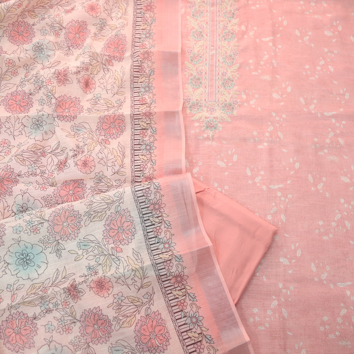 Noorani Baby Pink Thread Embroidered Neck Work Printed Cotton linen suit Set