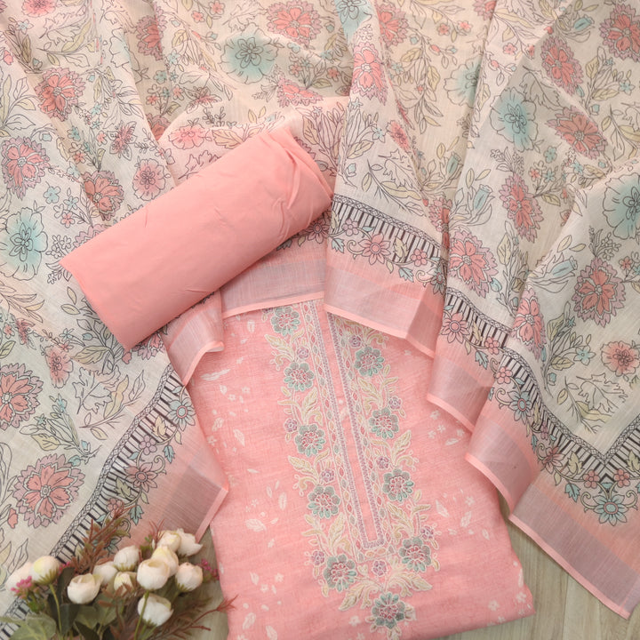 Noorani Baby Pink Thread Embroidered Neck Work Printed Cotton linen suit Set