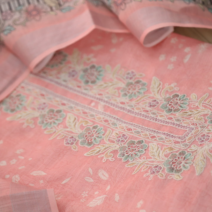 Noorani Baby Pink Thread Embroidered Neck Work Printed Cotton linen suit Set