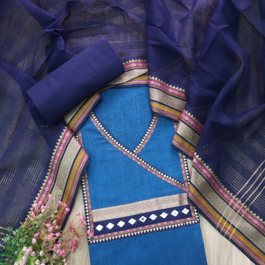 Rubi Sapphire Blue Angrakha Style Neck South Cotton Temple Hem Suit Set
