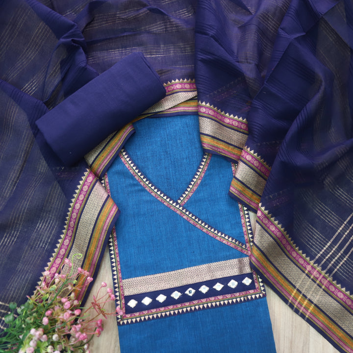 Rubi Sapphire Blue Angrakha Style Neck South Cotton Temple Hem Suit Set