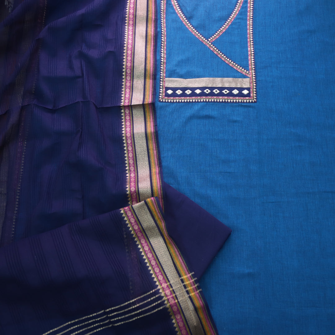 Rubi Sapphire Blue Angrakha Style Neck South Cotton Temple Hem Suit Set