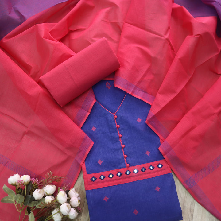 Rubi Neon Blue Mirror Work Neck Thread Weaved South Cotton Suit Set