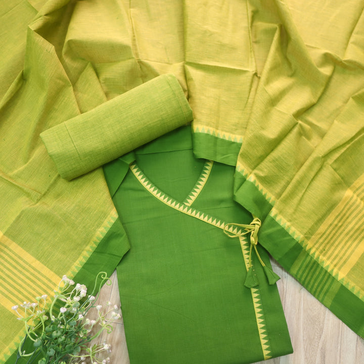 Sanskruti Parrot Green Long Angrakha Style South Cotton Temple Hem Suit Set