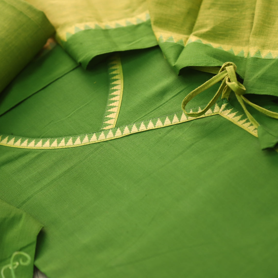 Sanskruti Parrot Green Long Angrakha Style South Cotton Temple Hem Suit Set