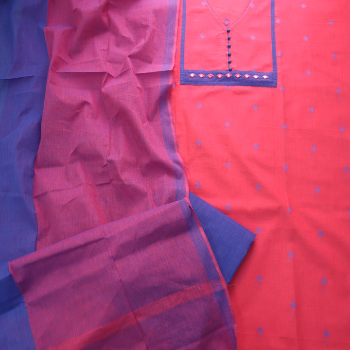 Rubi Neon Pink Mirror Work Neck Thread Weaved South Cotton Suit Set