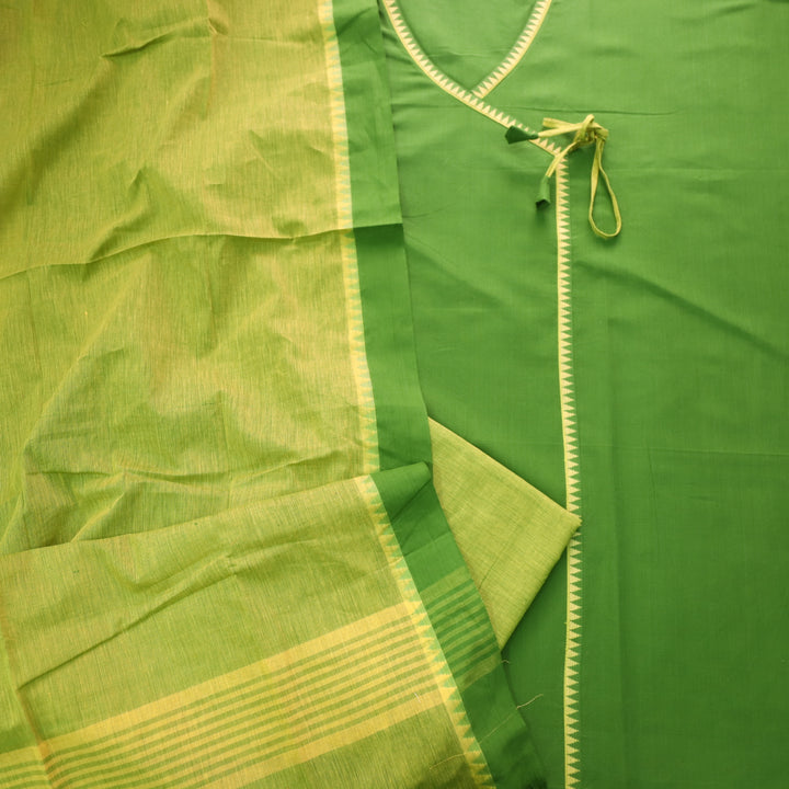 Sanskruti Parrot Green Long Angrakha Style South Cotton Temple Hem Suit Set