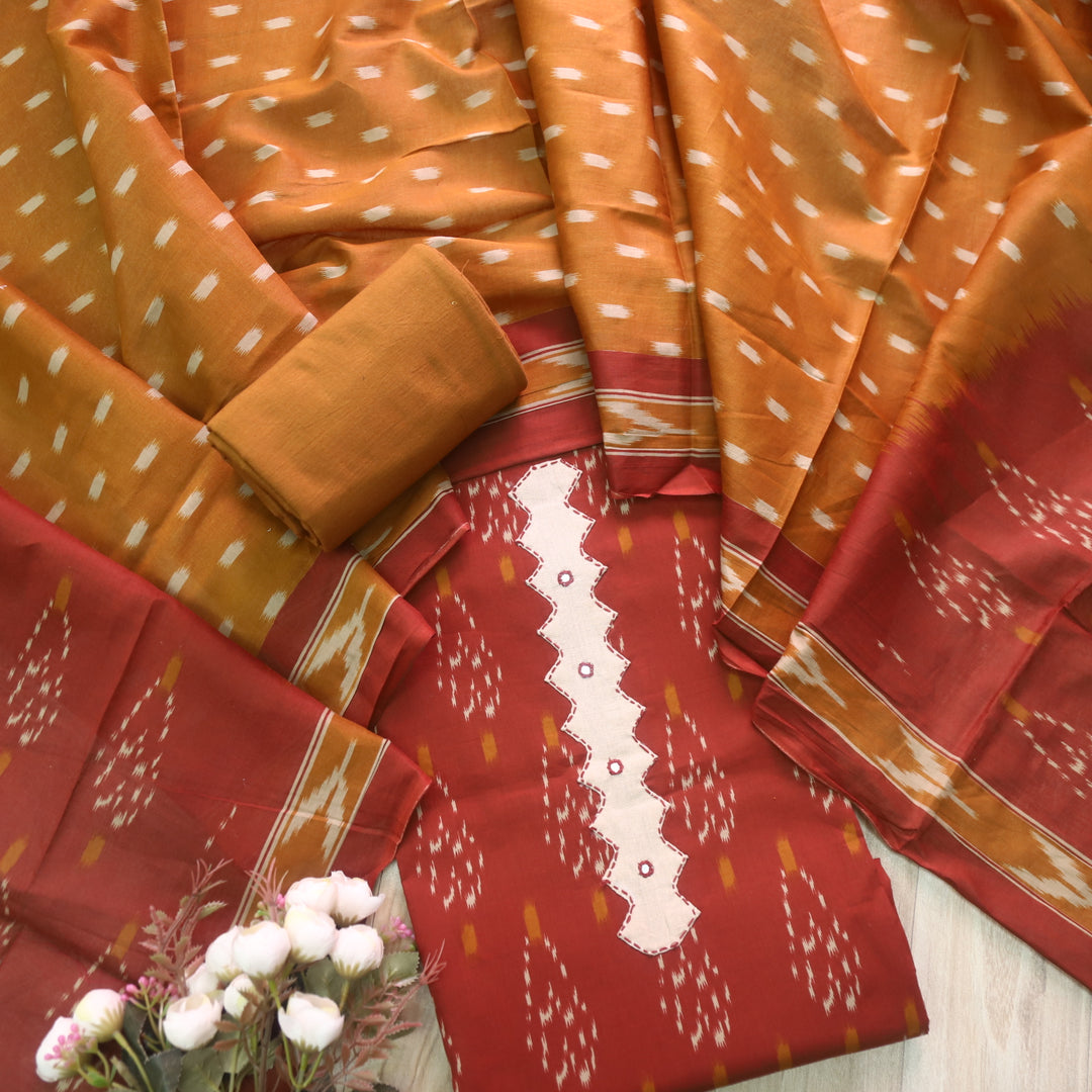 Rubi Barn Brown Patch Lace work on Neck with Printed Cotton Suit Set