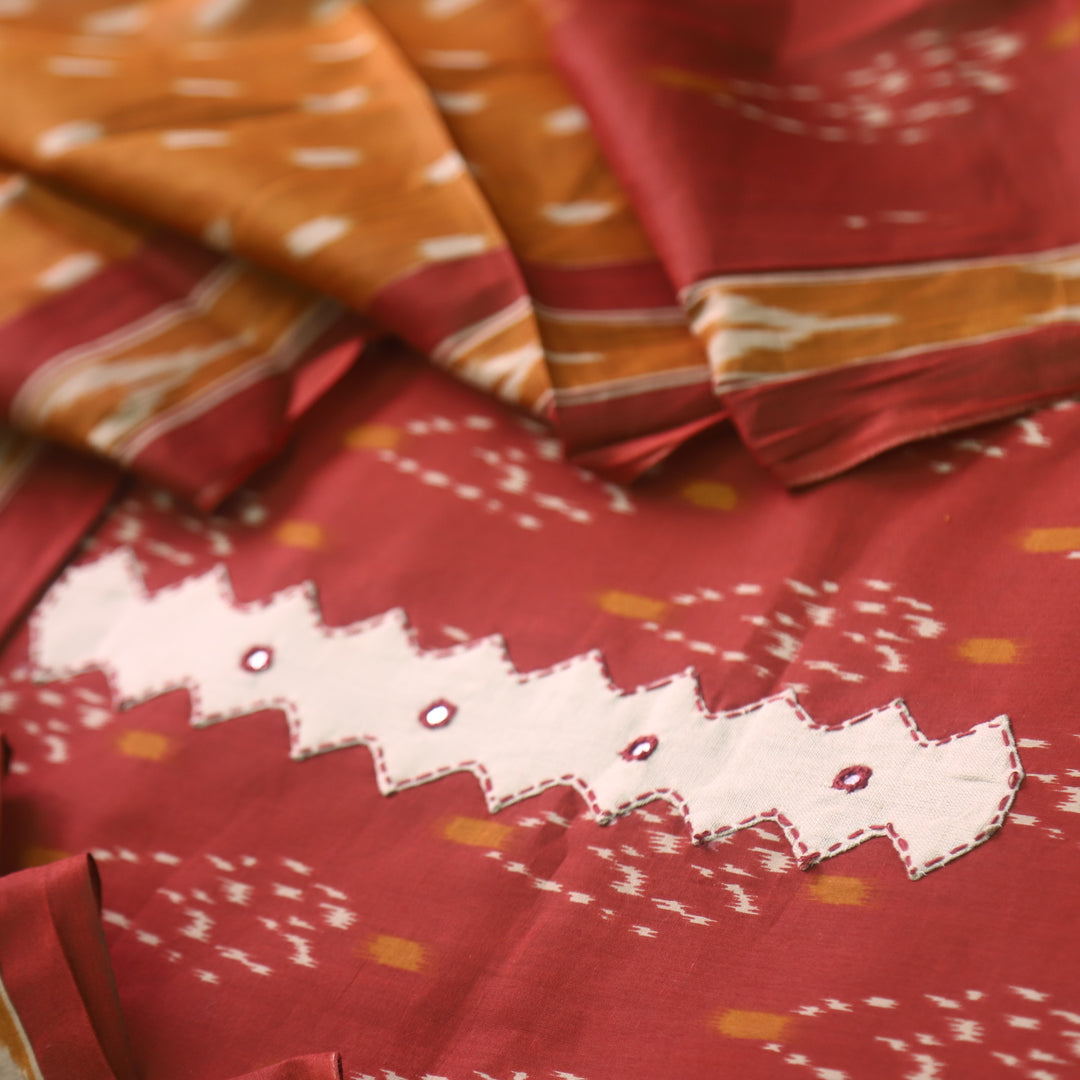 Rubi Barn Brown Patch Lace work on Neck with Printed Cotton Suit Set