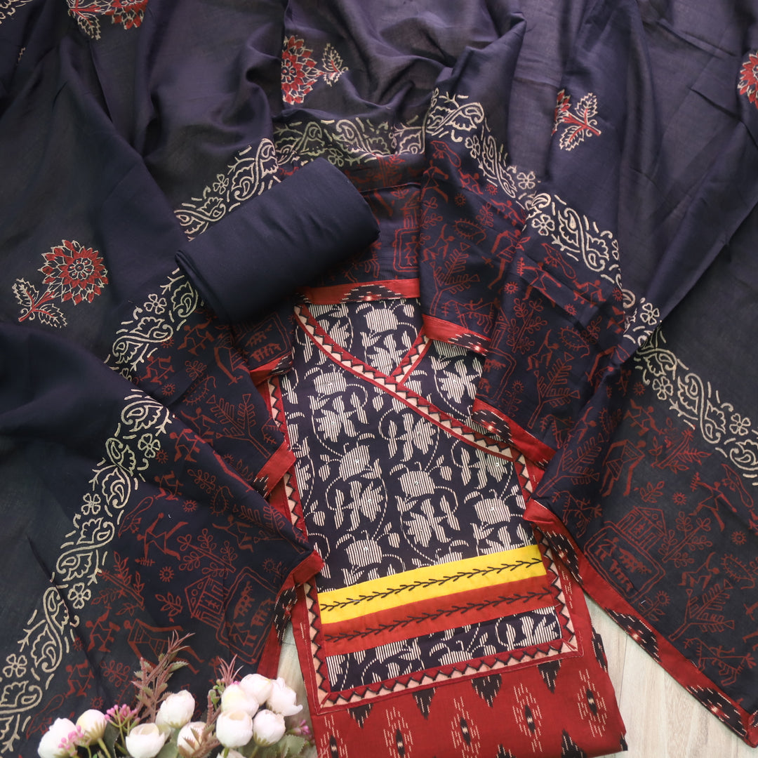 Rubi Caramel Red Floral Patch in Angrakha Style Neck Printed Cotton Suit Set