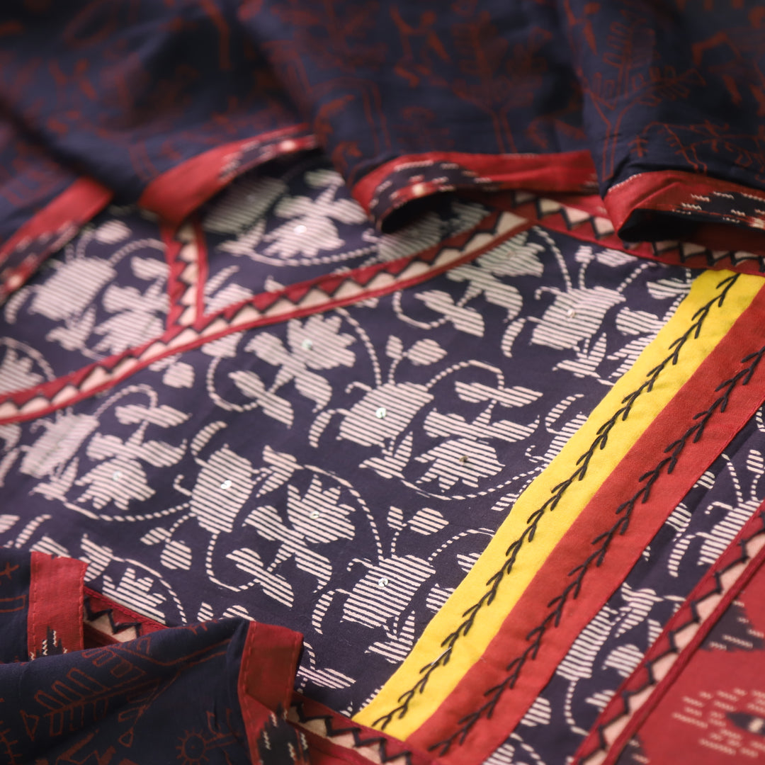 Rubi Caramel Red Floral Patch in Angrakha Style Neck Printed Cotton Suit Set
