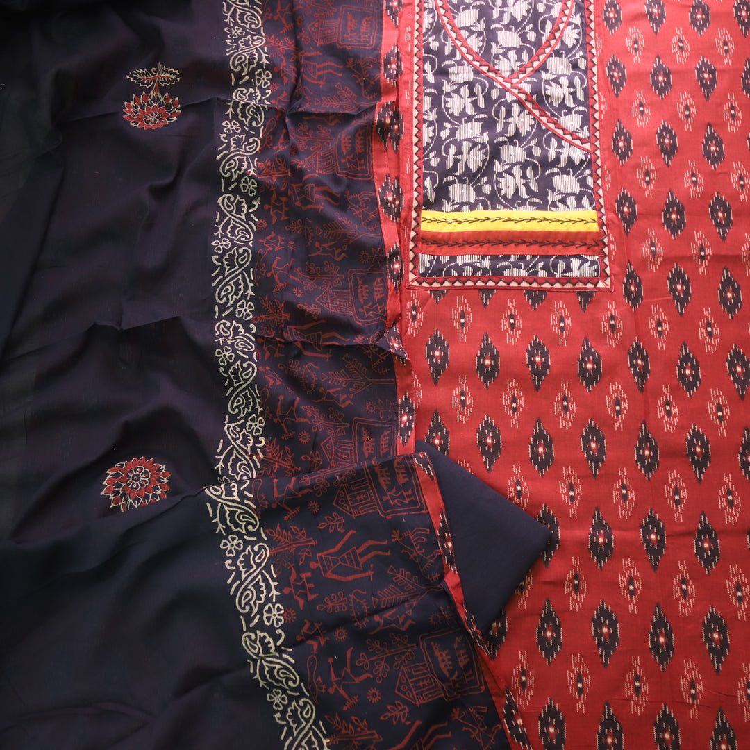 Rubi Caramel Red Floral Patch in Angrakha Style Neck Printed Cotton Suit Set