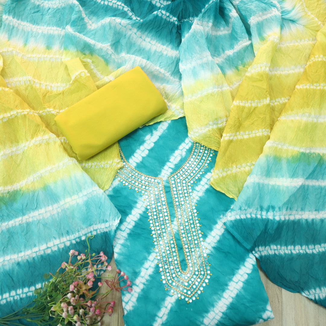 Leher Turquoise Teal Embellished Neck Work Leheriya Cotton Suit Set