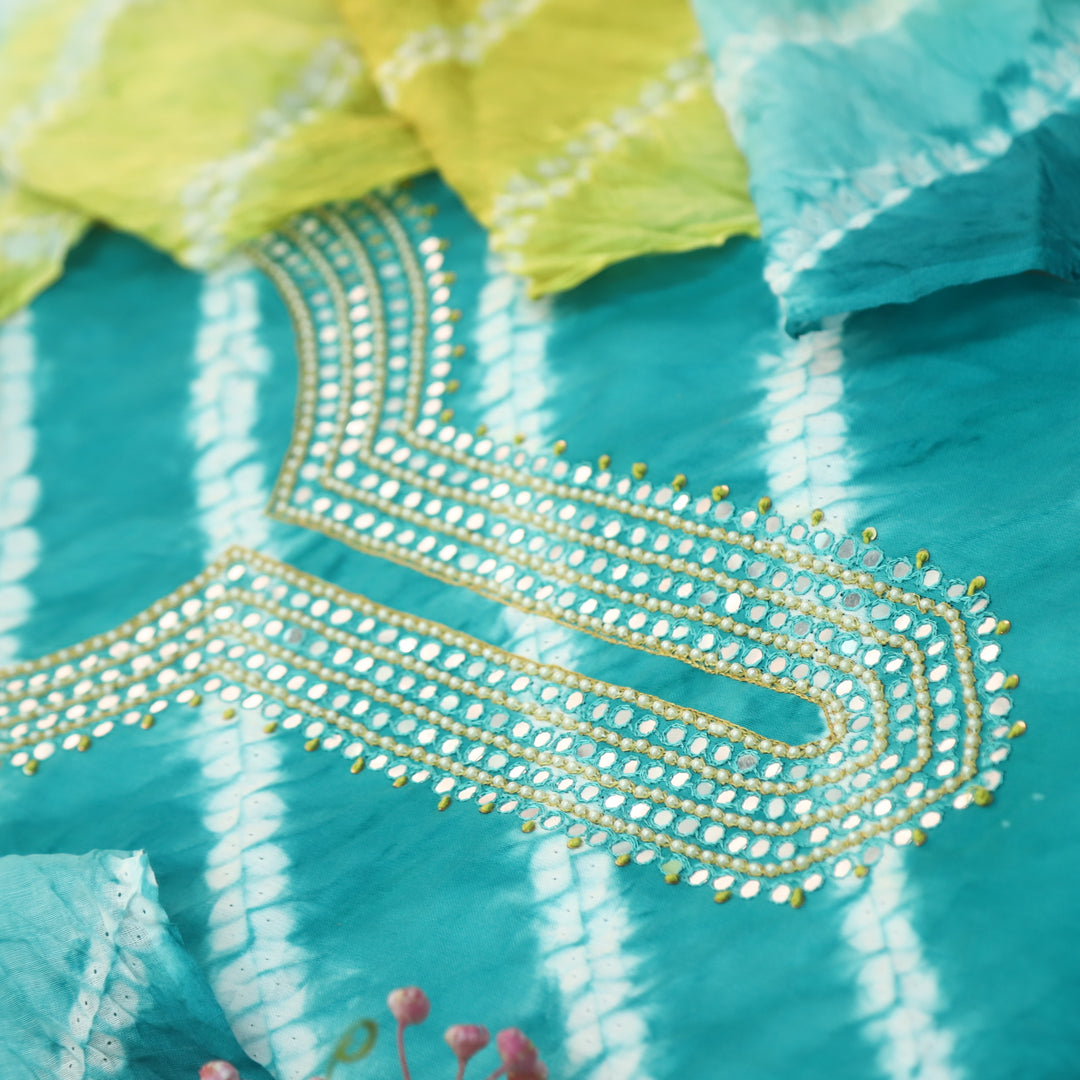 Leher Turquoise Teal Embellished Neck Work Leheriya Cotton Suit Set