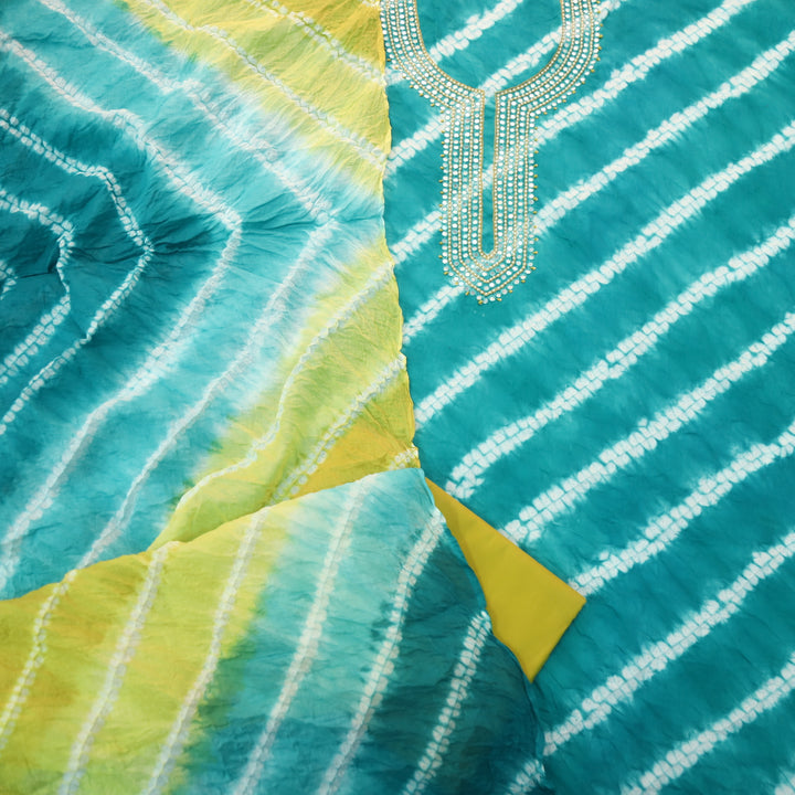 Leher Turquoise Teal Embellished Neck Work Leheriya Cotton Suit Set